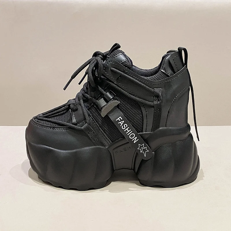 11CM Nők Vaskos tornacipők Tavasz Ősz Magas Platform Ulzzang Bőr Vastag talpú cipő Lélegző alkalmi Sport Apa sétacipő - 1