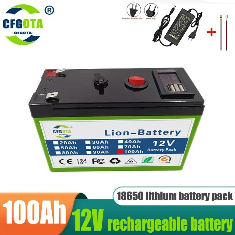 12V akkumulátor 100Ah 18650 lítium akkumulátor Újratölthető akkumulátor napenergiához elektromos jármű akkumulátor + 12.6v3A töltő - 0