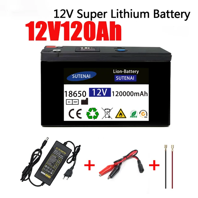12V akkumulátor 120Ah 18650 lítium akkumulátor Újratölthető akkumulátor napenergiához elektromos jármű akkumulátor + 12.6v3A töltő - 0