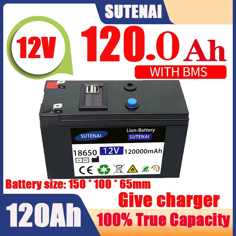 12V akkumulátor 120Ah 18650 lítium akkumulátor Újratölthető akkumulátor napenergiához elektromos jármű akkumulátor + 12.6v3A töltő - 1