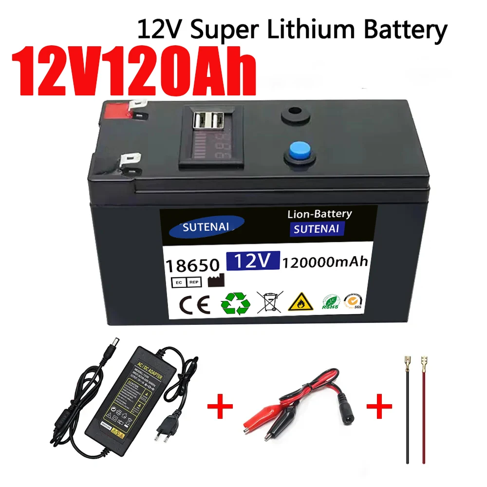 12V akkumulátor 120Ah 18650 lítium akkumulátor Újratölthető akkumulátor napenergiához elektromos jármű akkumulátor + 12.6v3A töltő - 2