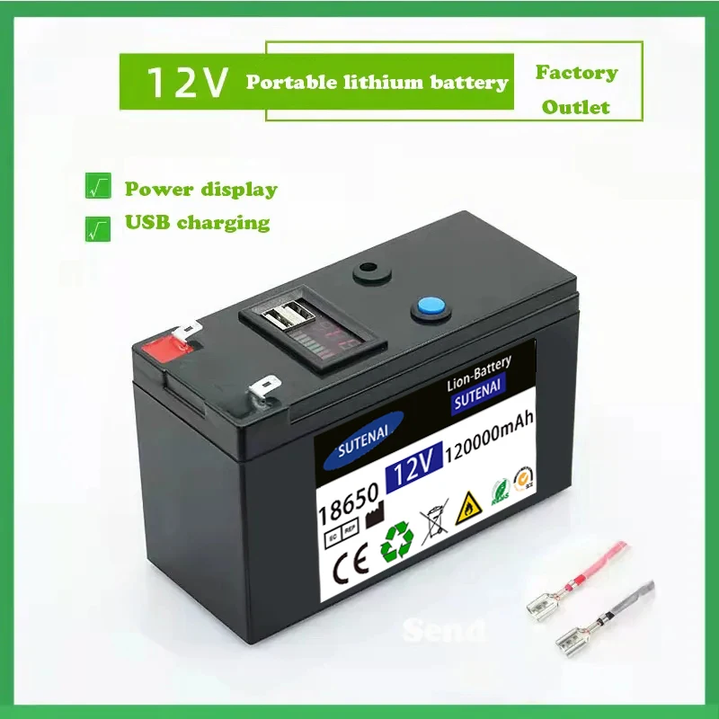12V akkumulátor 120Ah 18650 lítium akkumulátor Újratölthető akkumulátor napenergiához elektromos jármű akkumulátor + 12.6v3A töltő - 4