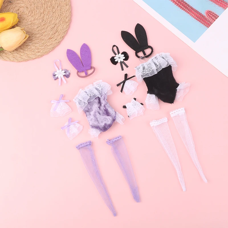 1Set Bunny Girl Outfit Girls' Dress Headwear Csokornyakkendő Harisnya Csipke mandzsetta karkötő 11.8inch baba ruha kiegészítők - 2