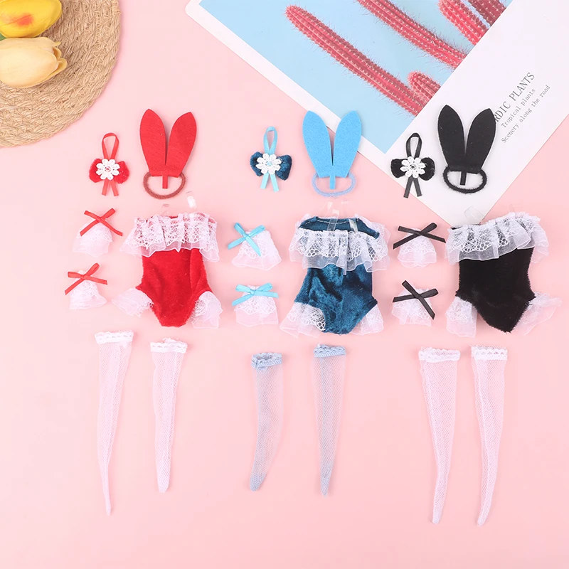 1Set Bunny Girl Outfit Girls' Dress Headwear Csokornyakkendő Harisnya Csipke mandzsetta karkötő 11.8inch baba ruha kiegészítők - 4