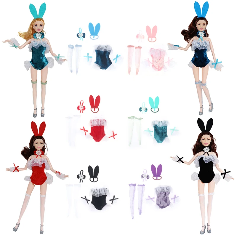 1Set Bunny Girl Outfit Girls' Dress Headwear Csokornyakkendő Harisnya Csipke mandzsetta karkötő 11.8inch baba ruha kiegészítők - 5