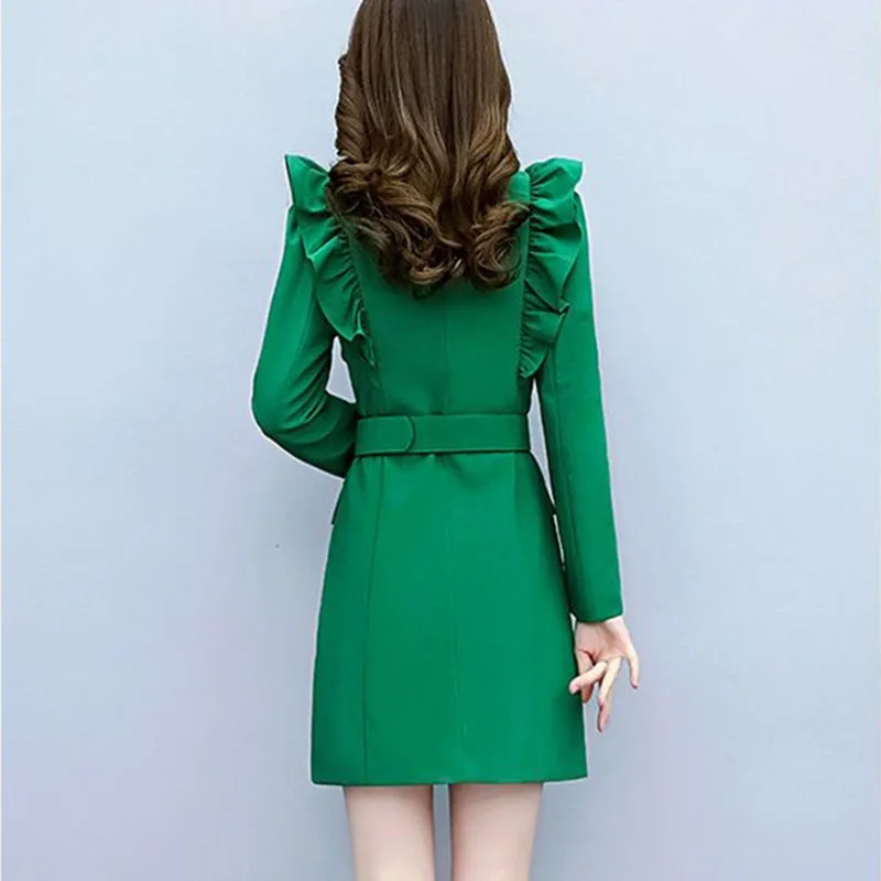 2023 Divat zöld árokkabát női tavaszi őszi fodros elegáns széldzseki karcsú derékpánt hosszú felsőruházat alkalmi blézer felsőkabát - 4