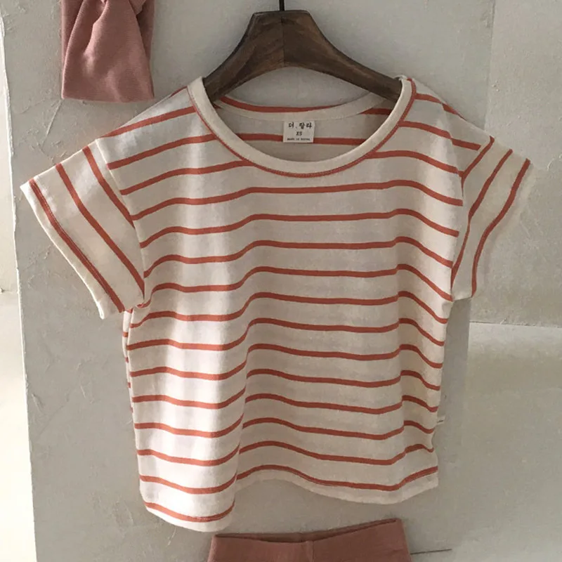 2023 Koreai nyári csecsemő fiú ingek pamut csíkos tömör rövid ujjú felsők kerek gallér egyszerűség kisgyermek fiú pólók - 2