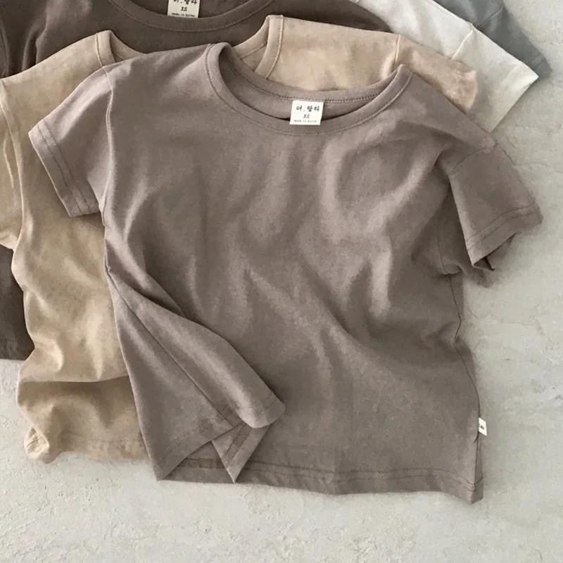 2023 Koreai nyári csecsemő fiú ingek pamut csíkos tömör rövid ujjú felsők kerek gallér egyszerűség kisgyermek fiú pólók - 3
