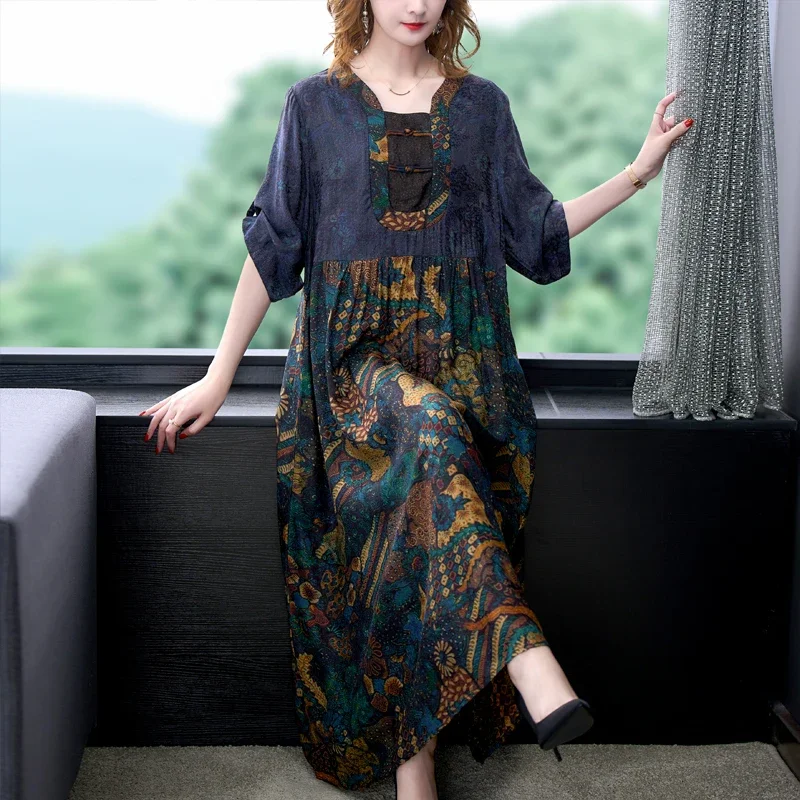 2023 Koreai vintage alkalmi ruha nyári elegáns laza derékméretű ruha női fekete virágos eperfa selyem maxi ruha - 1