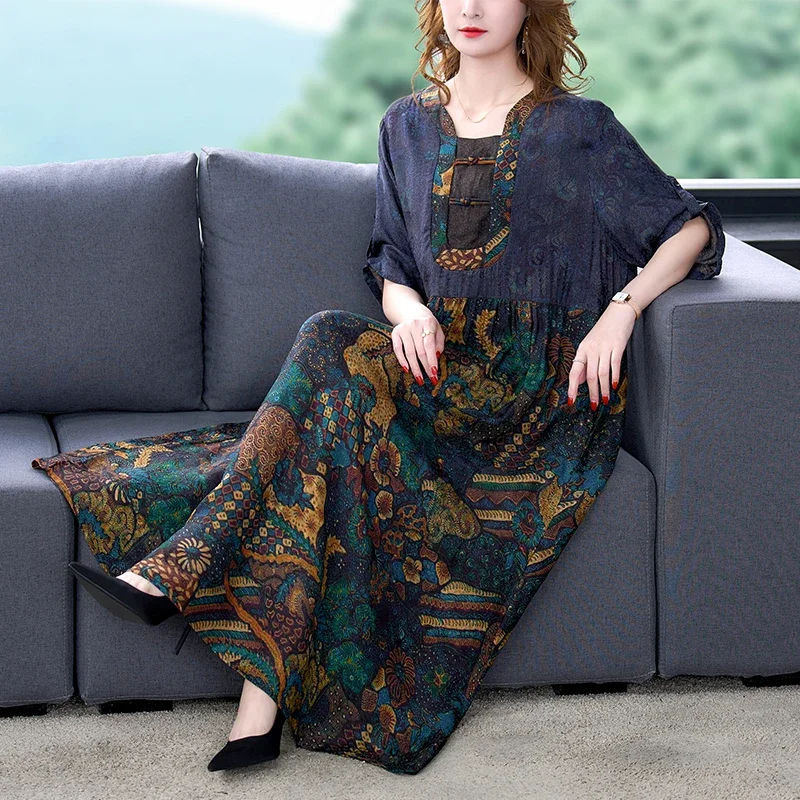 2023 Koreai vintage alkalmi ruha nyári elegáns laza derékméretű ruha női fekete virágos eperfa selyem maxi ruha - 2