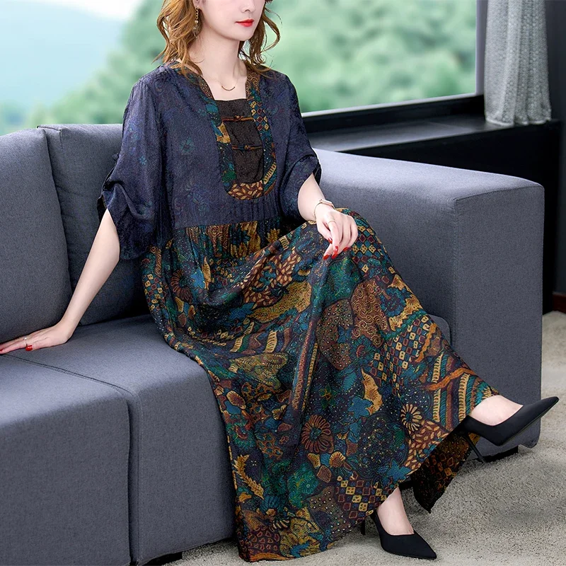 2023 Koreai vintage alkalmi ruha nyári elegáns laza derékméretű ruha női fekete virágos eperfa selyem maxi ruha - 3
