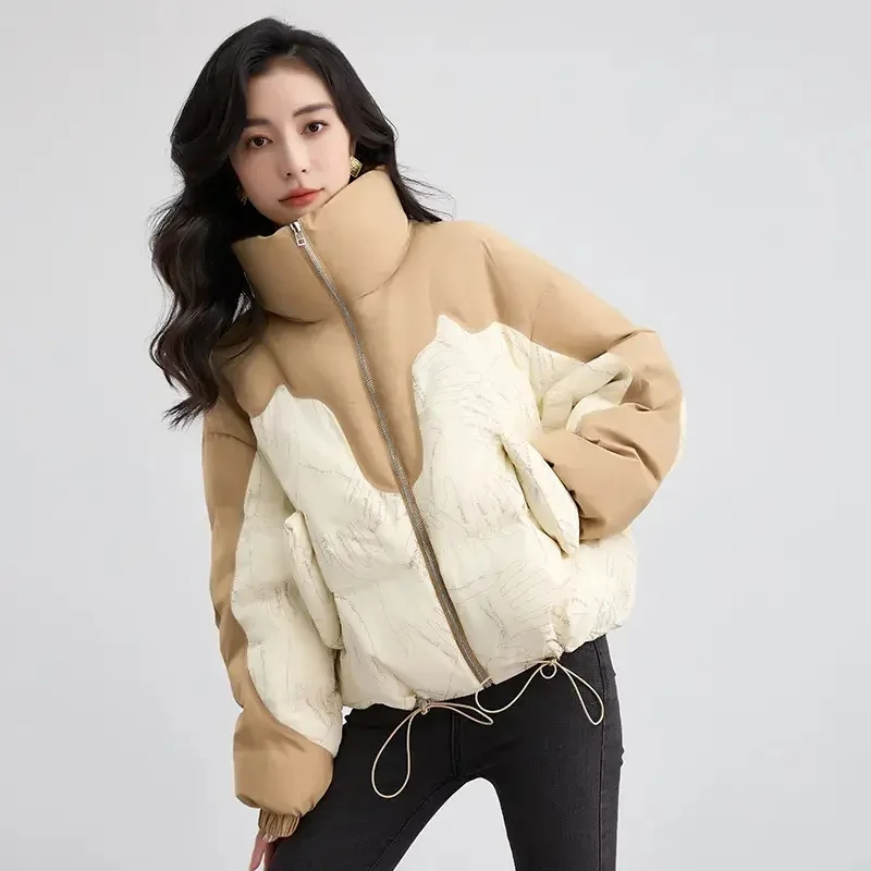 2023 Koreai változat Női pehely pamuttal párnázott kabát színéhez illő kenyér ruházat nyomtatás Divat gallér kabát rövid - 3