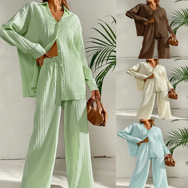 2023 Női öltönyök Új divat tömör pólógallér egymellű bő hosszú ujjú rakott kardigán felső nadrág kétrészes szett - 0