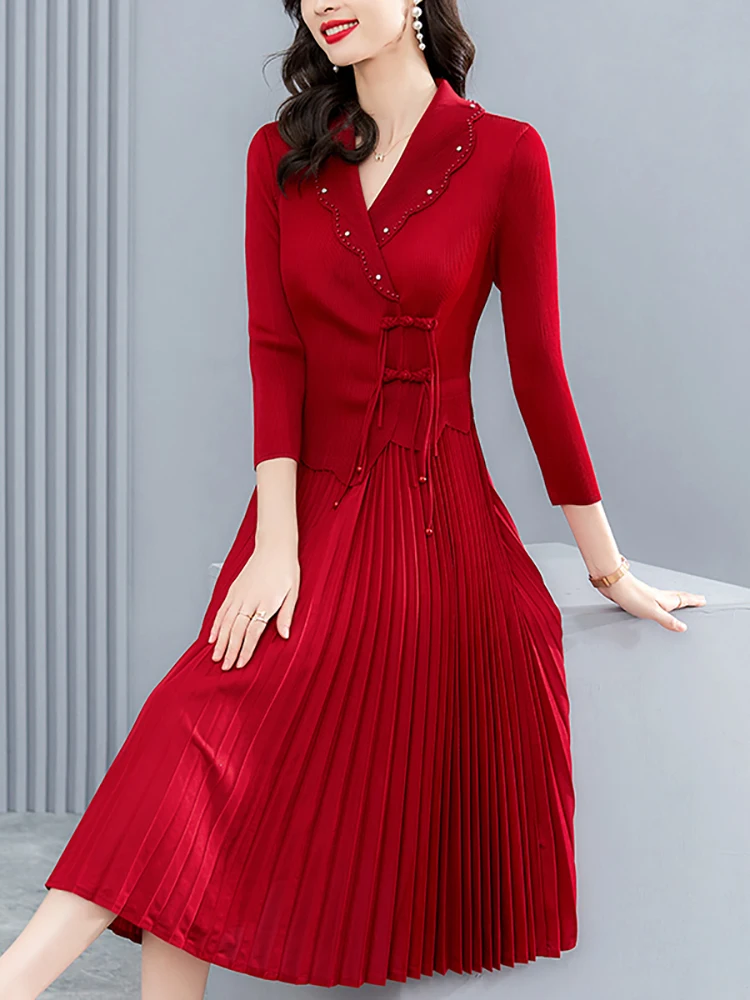 2023 Piros hosszú ujjú elegáns midi rakott ruha Őszi téli divat rugalmas irodai ruha Nők Fekete koreai vintage party Vestido - 2
