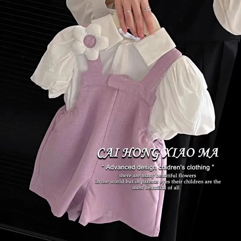 2023 Summer Kids Sets póló harisnyatartó rövid ujjú lila édes virág koreai stílus Új design divat - 5