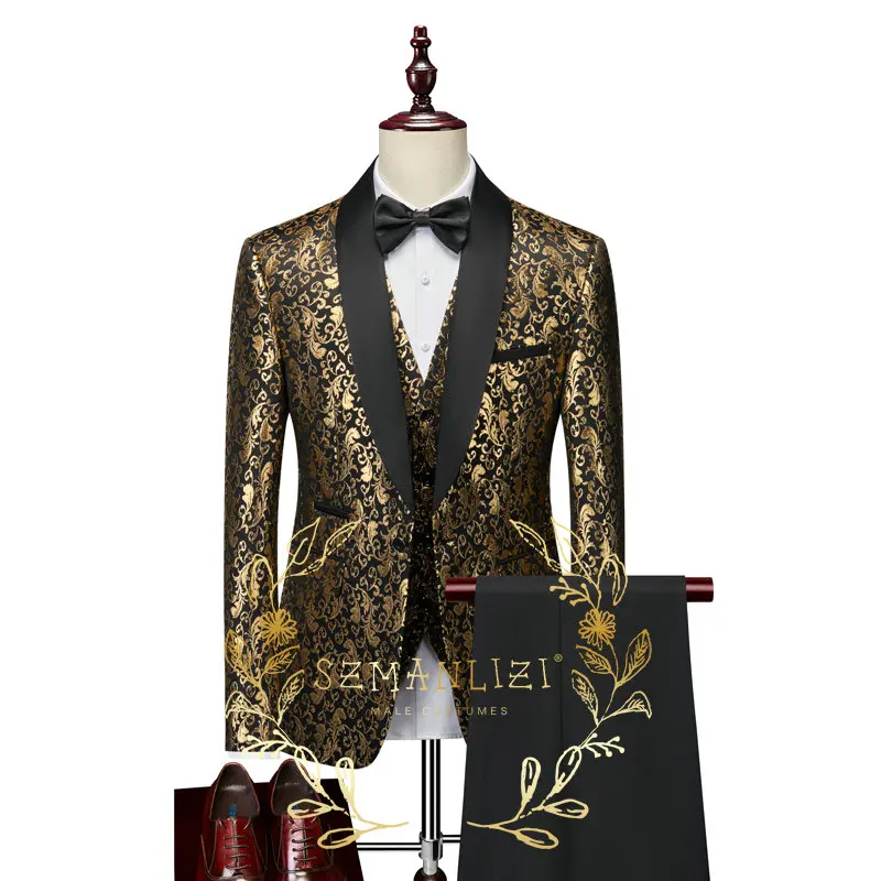 2023 Személyre szabott arany virágos esküvői öltönyök férfiaknak 3 részes készlet Kendő Lapel vőlegény Tuxedos Vőlegények Slim Fit jelmez Homme - 0