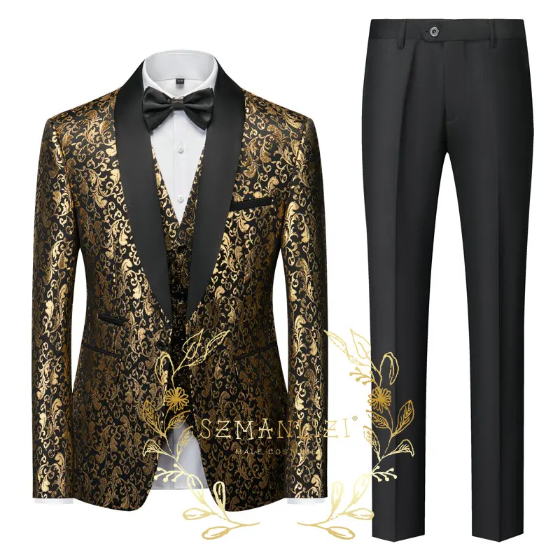 2023 Személyre szabott arany virágos esküvői öltönyök férfiaknak 3 részes készlet Kendő Lapel vőlegény Tuxedos Vőlegények Slim Fit jelmez Homme - 1
