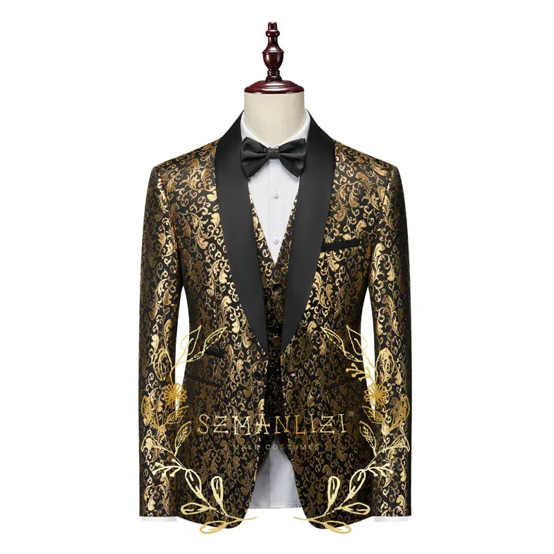 2023 Személyre szabott arany virágos esküvői öltönyök férfiaknak 3 részes készlet Kendő Lapel vőlegény Tuxedos Vőlegények Slim Fit jelmez Homme - 3