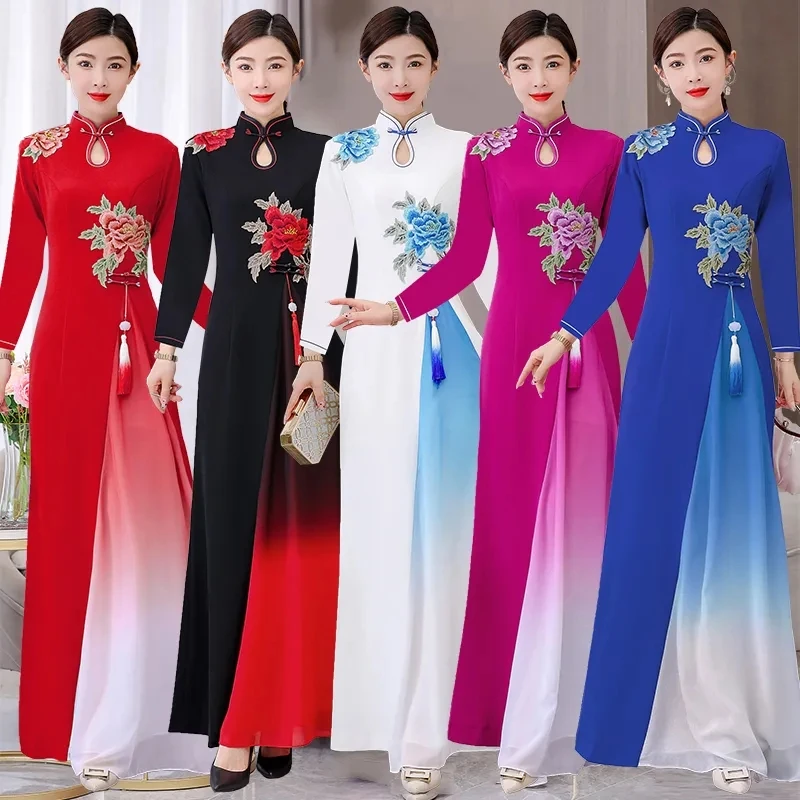 2024 Vietnám Aodai ruha hagyományos kínai továbbfejlesztett Qipao nemzeti virághímzés Cheongsam ruha színátmenetes színű ruha - 0