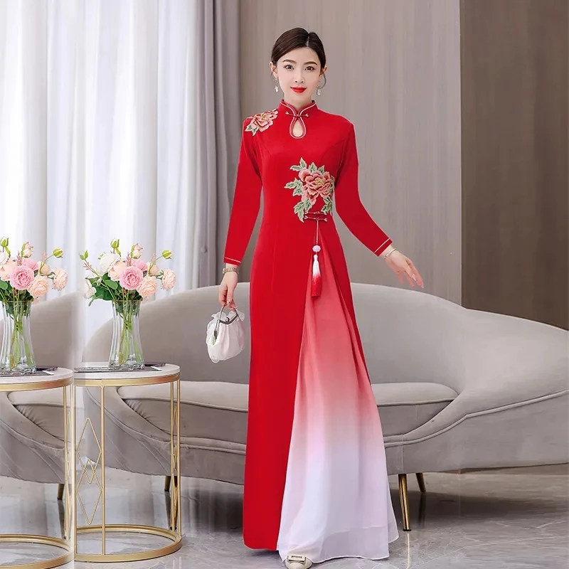 2024 Vietnám Aodai ruha hagyományos kínai továbbfejlesztett Qipao nemzeti virághímzés Cheongsam ruha színátmenetes színű ruha - 1