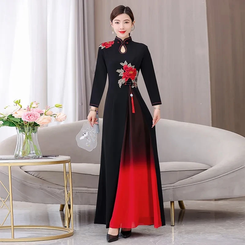 2024 Vietnám Aodai ruha hagyományos kínai továbbfejlesztett Qipao nemzeti virághímzés Cheongsam ruha színátmenetes színű ruha - 2