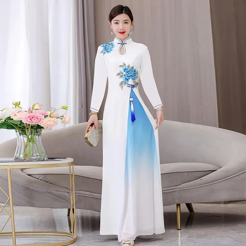 2024 Vietnám Aodai ruha hagyományos kínai továbbfejlesztett Qipao nemzeti virághímzés Cheongsam ruha színátmenetes színű ruha - 3