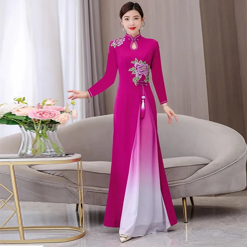 2024 Vietnám Aodai ruha hagyományos kínai továbbfejlesztett Qipao nemzeti virághímzés Cheongsam ruha színátmenetes színű ruha - 4