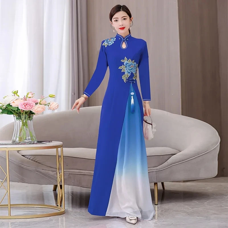 2024 Vietnám Aodai ruha hagyományos kínai továbbfejlesztett Qipao nemzeti virághímzés Cheongsam ruha színátmenetes színű ruha - 5