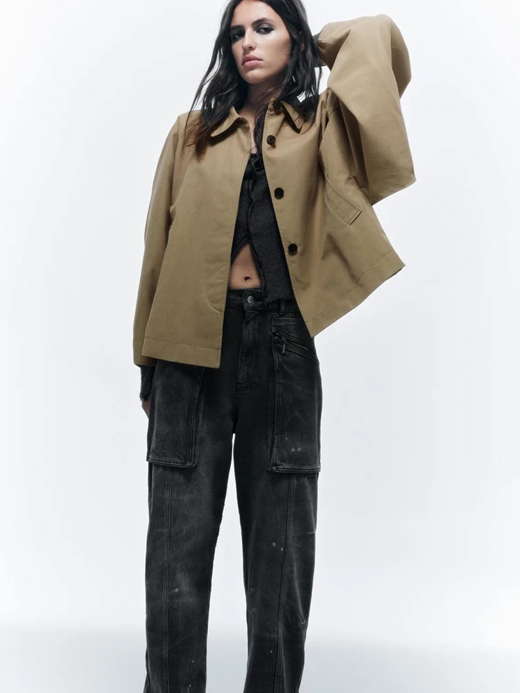 2024 Új tavaszi őszi Cape stílusú dzsekik Nők lehajtható galléros Streetwear felső női hosszú ujjú fedett gombos kabát - 3