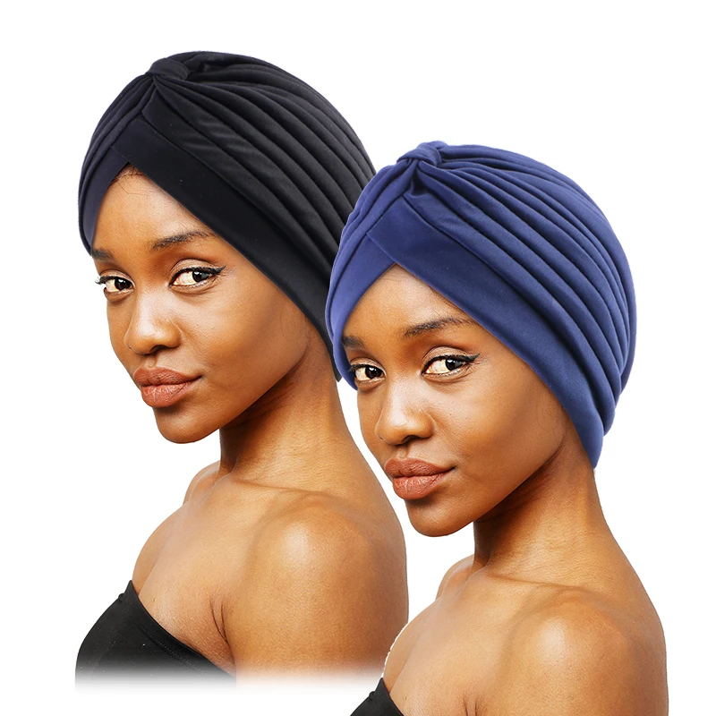 2PCS/LOT Új női csavaros sapka Kemo sapka divatcsomó Muszlim sztreccs turbán alkalmi egyszínű Egyszerű fejkendő ráncos indiai kalap - 2