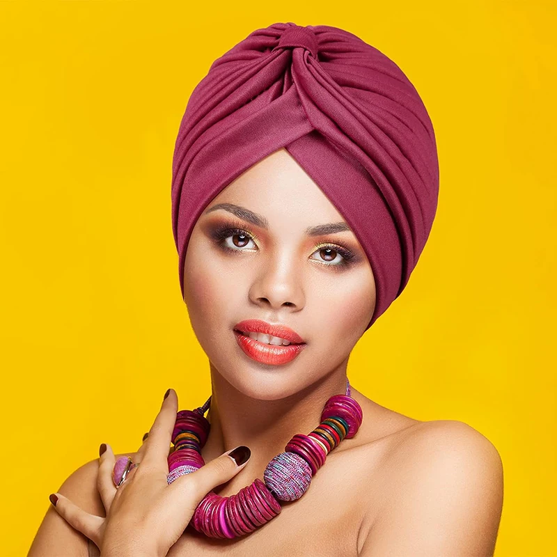 2PCS/LOT Új női csavaros sapka Kemo sapka divatcsomó Muszlim sztreccs turbán alkalmi egyszínű Egyszerű fejkendő ráncos indiai kalap - 4