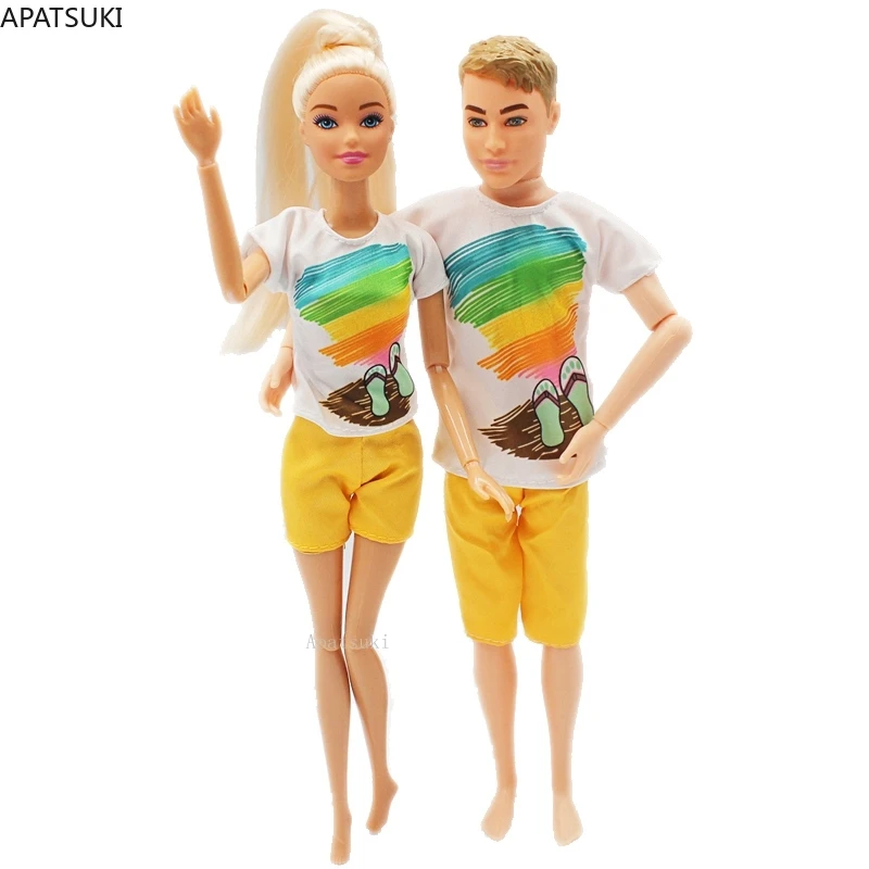 2szett/lot Divat ruhakészlet Barbie baba ruhákhoz Summer Beach pár póló narancssárga rövidnadrág Ken Boy babákhoz Kiegészítők - 0