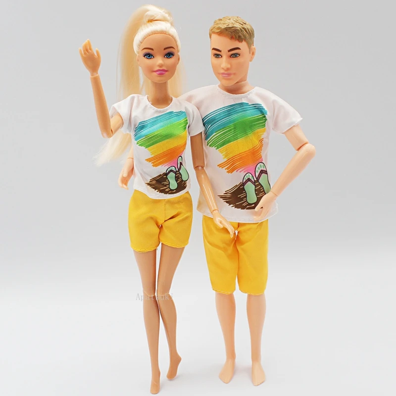 2szett/lot Divat ruhakészlet Barbie baba ruhákhoz Summer Beach pár póló narancssárga rövidnadrág Ken Boy babákhoz Kiegészítők - 1