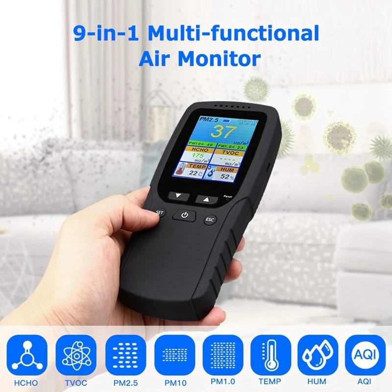 2X 9 az 1-ben levegőminőség-monitor beltéri kültéri PM2.5, PM1.0, PM10, HCHO, érzékelő tesztelő hőmérséklet és páratartalom érzékelő - 2