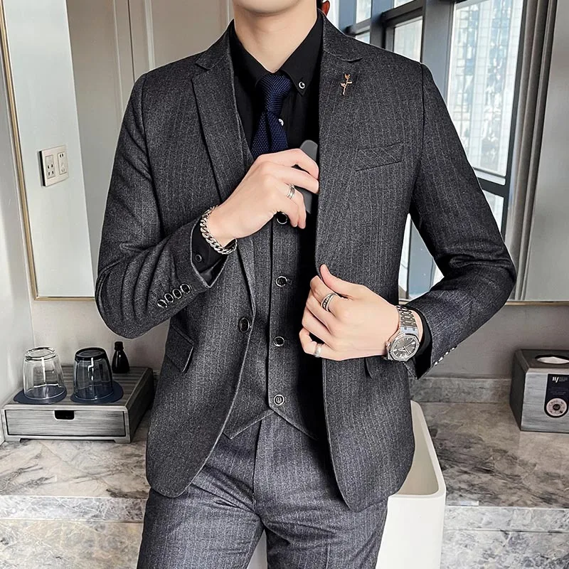 3 db öltönyszett blézer kabát nadrág Vesy / 2023 Fashion New Men alkalmi butik üzlet vékony csíkos formális ruha kabát nadrág - 0