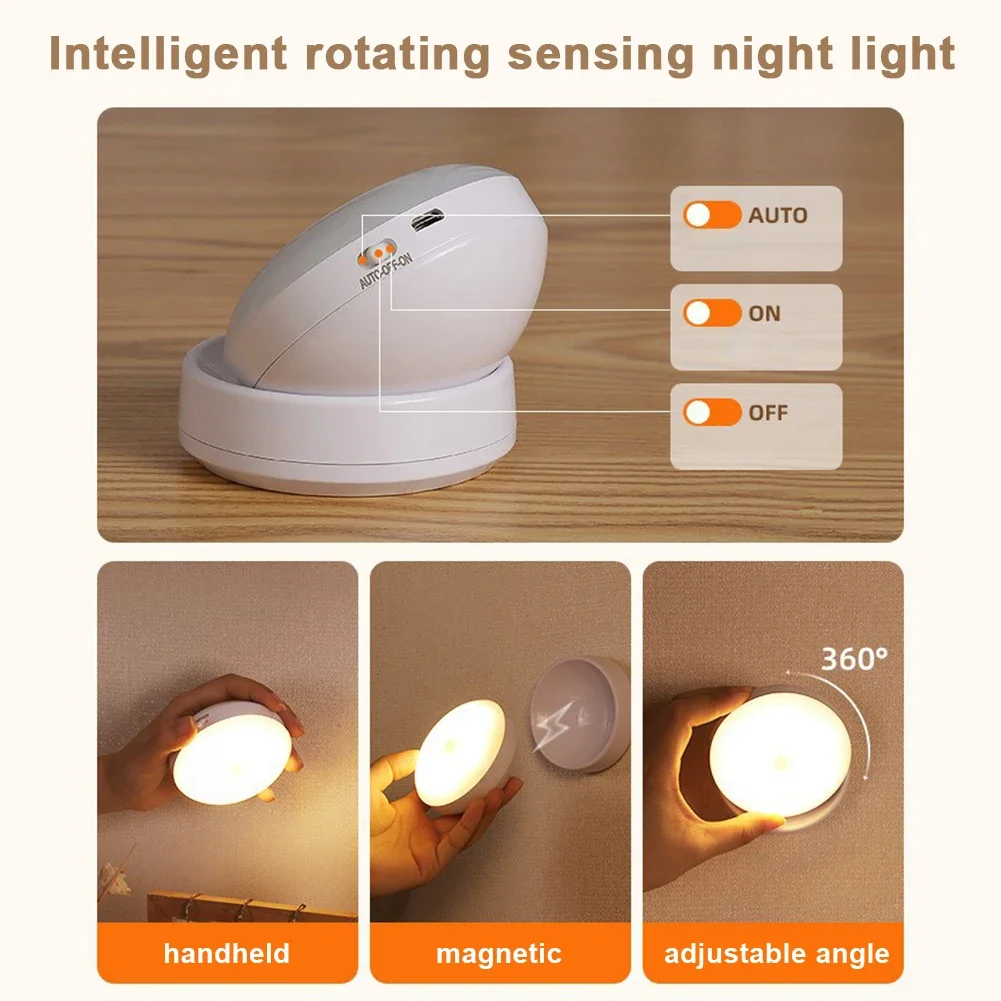 360 Forgatott fali lámpák mozgásérzékelő LED multifunkcionális éjszakai fény újratölthető szekrénylámpa éjjeli fürdőszobához - 3