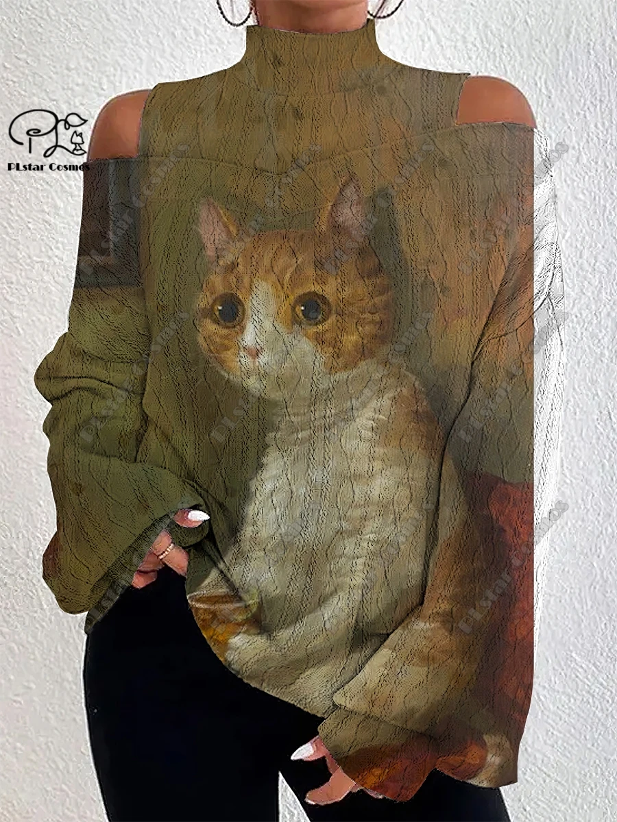 3D nyomtatott állatos sorozat aranyos vicces macska- és kutyamintás női lámpás ujj vállon kívüli texturált felső alkalmi hosszú ujjú - 3