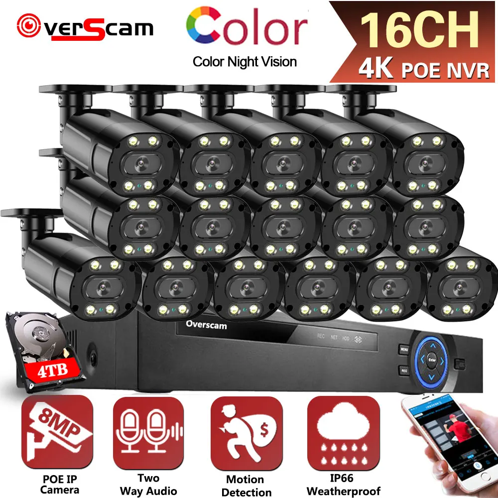 4K 16CH CCTV rendszer POE NVR készlet Bullet Color éjjellátó AI mozgásérzékelő H.265 videomegfigyelő IP biztonsági kamera P2P - 0
