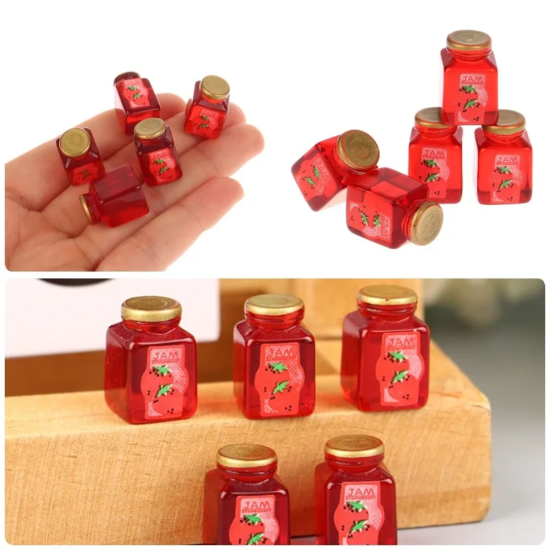 5Pcs 1/12 Babaház miniatűr eperszósz Jam üveg babaház Konyha Élelmiszer játékok Modell kiegészítők DIY élet jelenet dekorációs játékok - 0