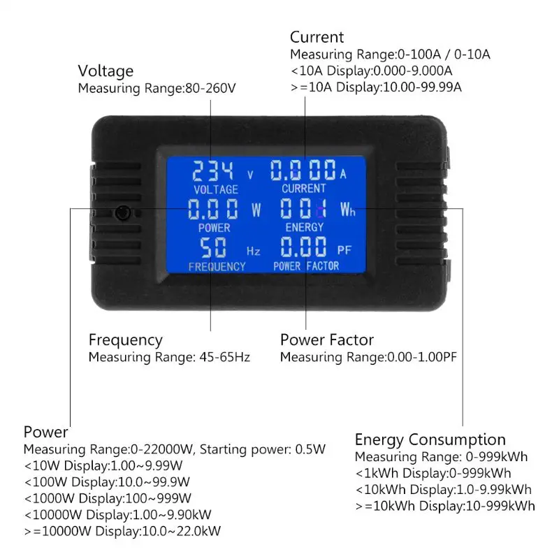 6 in 1 Home digitális LCD multiméter áram KWh wattmérő 100A tartós - 0