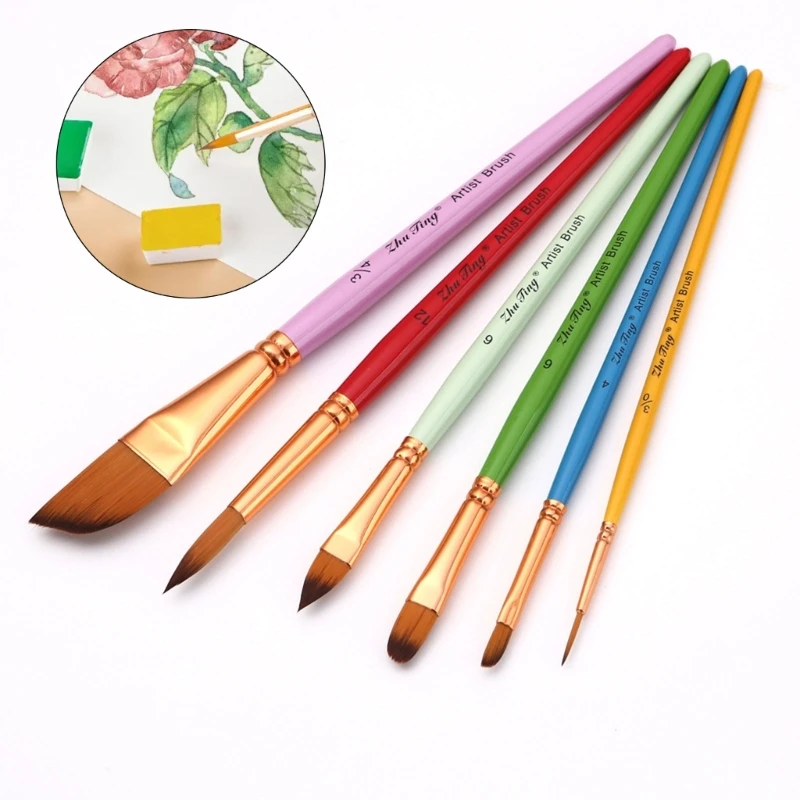 6PCS Artist Paintbrush Professional Paintbrush kerek hegy/lapos hegy/ferde/hegy/finom hegy, akvarell gouache festéshez - 1
