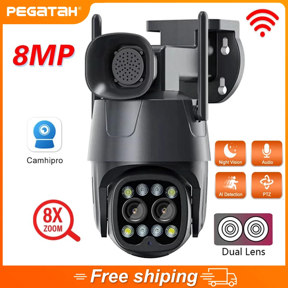 8MP 4K Wifi CCTV IP kamera szirénával kettős lencsével 2.8mm-8mm kültéri 8X zoom AI emberi nyomkövető éjjellátó megfigyelő PTZ kamerák - 0