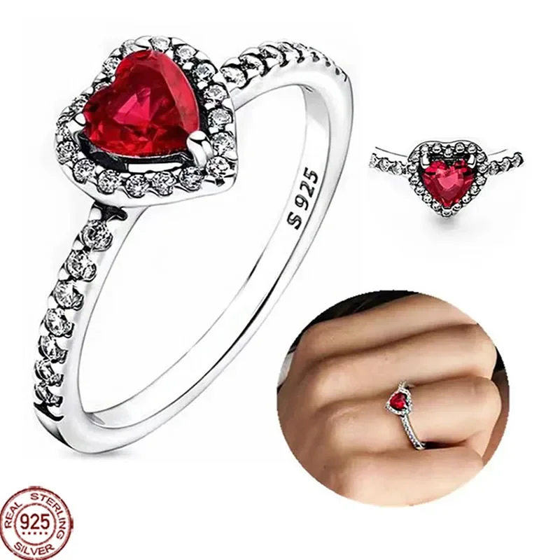 925 sterling ezüst piros szív alakú gyűrű, színes kristálygyűrű illik bájos karkötők, női ékszerek DIY gyönyörű ajándékok - 1