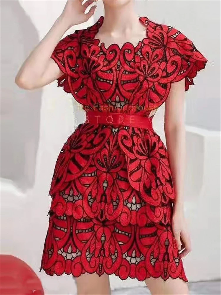 A-Line csipke 2022 nyári ruha hímzés Red Party szexi háló Elegáns női ruhák Boho rövid ujjú női ruházat Vestido - 0