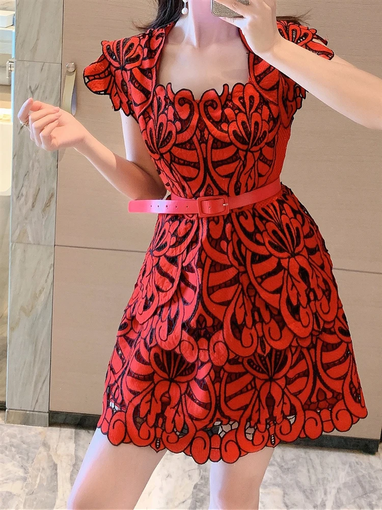 A-Line csipke 2022 nyári ruha hímzés Red Party szexi háló Elegáns női ruhák Boho rövid ujjú női ruházat Vestido - 3