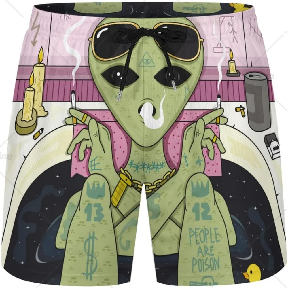 Alien Is Smoking rajzfilm vicces férfi alkalmi stranddeszka rövidnadrág kompressziós béléssel és oldalzsebbel - 0