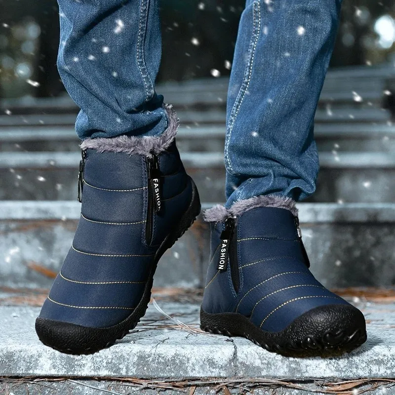 alkalmi hó meleg csizma férfiaknak Téli férfi cipzáras csizma Lapos fenekű kényelmes kopásálló plüss pamut cipő kültéri - 3