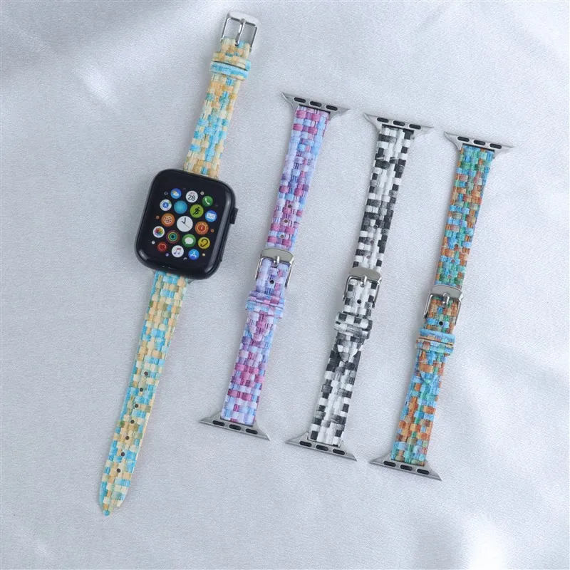 Apple Watch esetén Bőr óraszíj nőknek Slim színes fonott szemcsés mozaikrácsos óraszíj iWatch Series 9 7 SE 6 8 készülékhez - 0