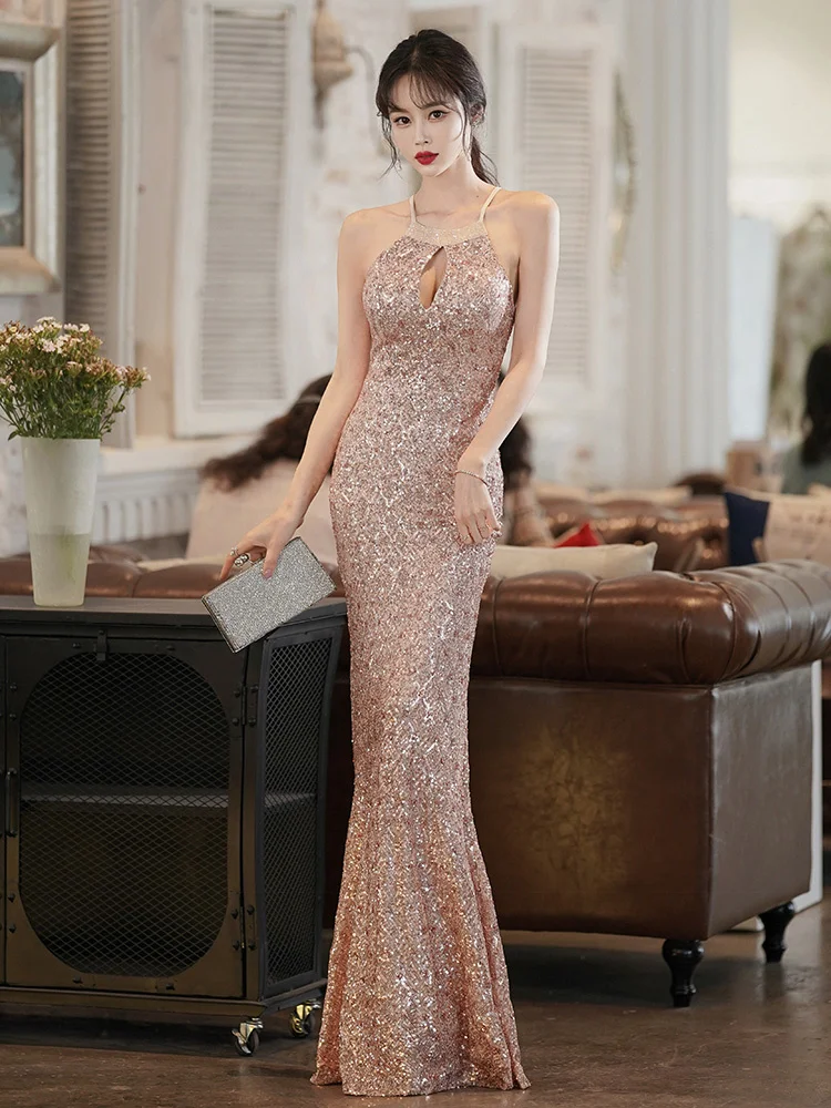 Arany estélyi ruha nőknek 2023 Új könnyű luxus, kis piac, csúcskategóriás hírességek bankettje, elegáns és szexi fishtail ruha - 2
