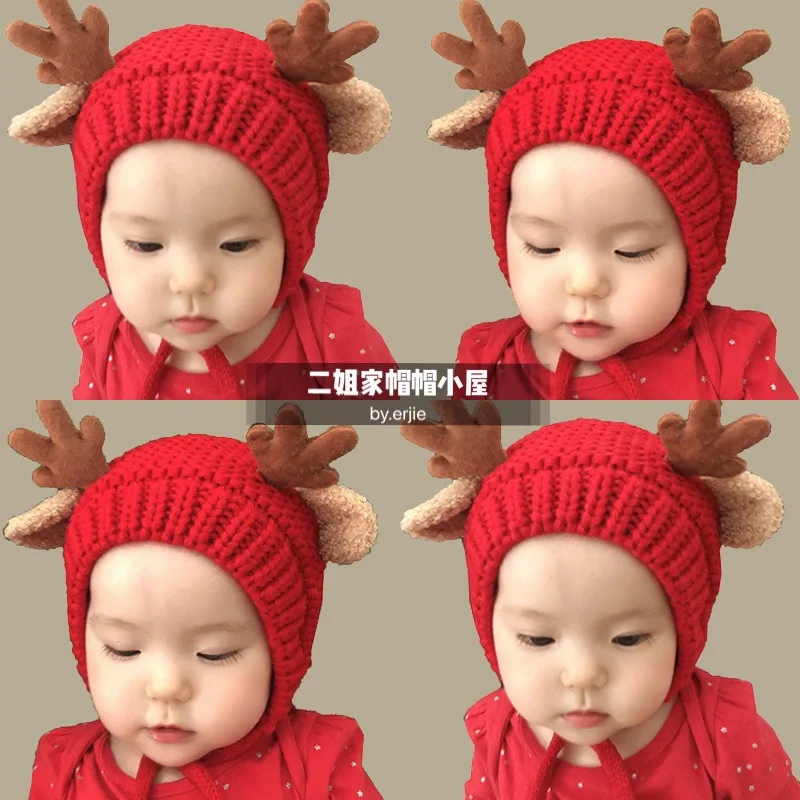 Aranyos szarvas jávorszarvas agancs baba kalap téli meleg plüss kötött gyapjú fülmelegítő gyermek kalap fiúk lányok sapka karácsonyi kalapok 1-4 év - 0